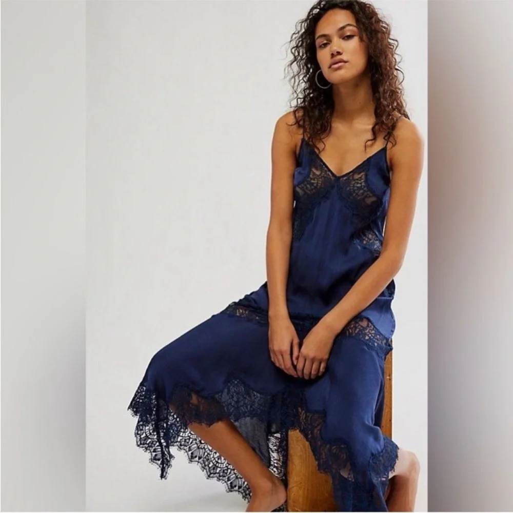 NWOT Free People Sunsetter Maxi Slip Dress Midnight Rain Lace Satin Navy